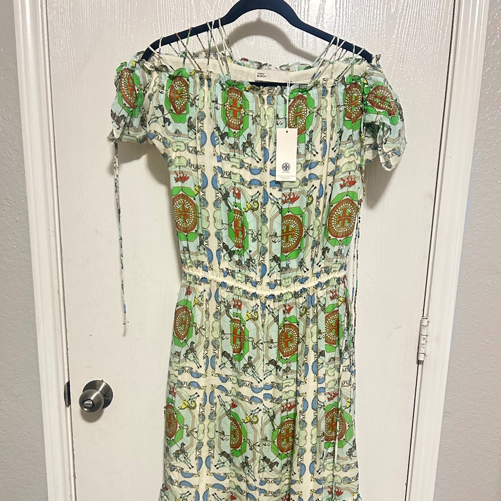 Tory Burch blue carousel silk off shoulder dress